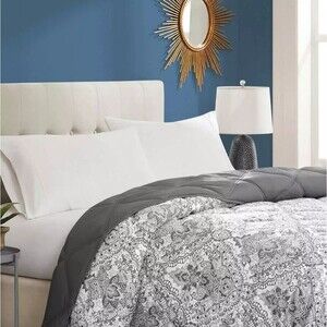 SEASONS Alternative Down Diamond Quilted Reversible Comforter Gray Floral Queen